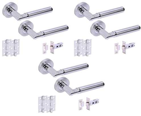 Hunta HANDLEZONE® 3 Sets Lacerta Premium Internal Door Handles on Rose Lever Latch Packs with 75mm Ball Bearing Hinges and 76mm Latches - Dual Polished/Satin Chrome