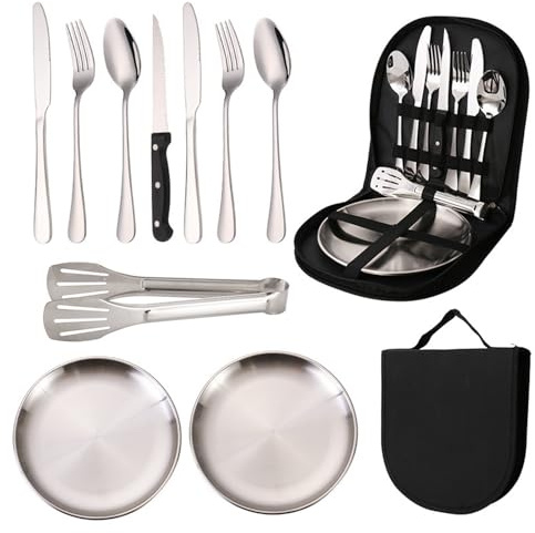 Camping Geschirr Set 10er-Satz für 2 Personen Tragbars Besteck Set Campingbesteck Set Edelstahl für Camping Picknick Wanderung