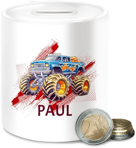 Spardose - Auto - Monstertruck mit Name | Monster Truck Personalisiert | Riesentruck - Unisize - Weiß - personalisierte Junge autospardose Cars automotiv autospardosen Autos Motiv Kinder Jungen