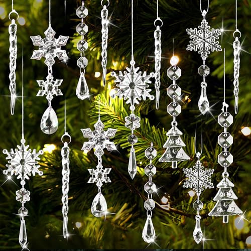 Weihnachtsbaumschmuck Set, Christbaumschmuck Schneeflocken Eiszapfen Set, Acryl Schneeflocken Eiszapfen Kristall, Weihnachtsbaum Deko, Kristall Weihnachten Deko(Keine Montage Erforderlich