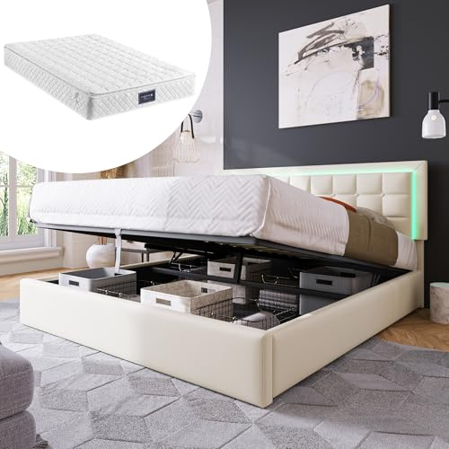 BXEYXF Polsterbett mit Lattenrost und Stauraum Doppelbett inkl. LED-Beleuchtungsleiste Bettgestell 160x200cm, Stauraumbett Funktionsbett Bezug aus Kunstleder Weiß (Mit Matratze)