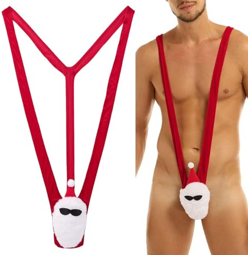 VemeFufu Perizoma Mankini Borat Costume da Bagno Uomo Sexy Suspensorio V Sling Bikini String Beachkini per Spiaggia Natale Halloween, 1 Confezione A. Babbo
