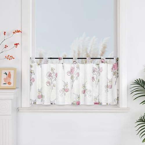 Yujiao Mao halbtransparente Scheibengardine mit Morgenlatte Motiv Moderne Landhausstil Bistrogardine mit Schlaufen 1 Stück,rosa HxB 30x90cm