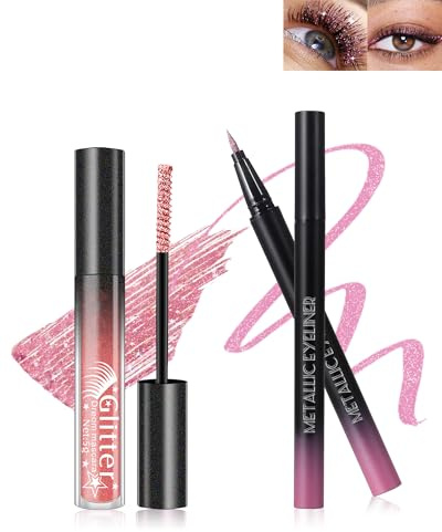 Rosa Glitzer Mascara & Eyeliner Set, Hochpigmentiert Weihnachten Makeup | Diamond Shimmer Wimperntusche Länge und Volume, Liquid Ultrafeiner Metallic Glitter Eyeliner, Wasserfest Langlebig, Party Use