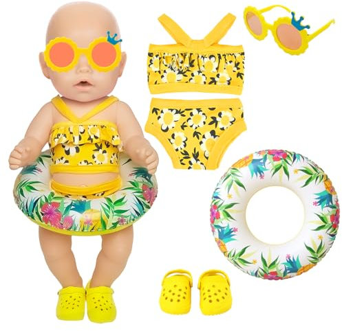 WanderGo 4 Teilig Badeanzug Puppen Set Puppenkleidung Sommer Schwimmset für 35–45 cm Schwimmpuppe Gelb Badeanzug mit Blumenmuster, Schwimmring, Sonnenbrille, Strandschuhe Puppenzubehör