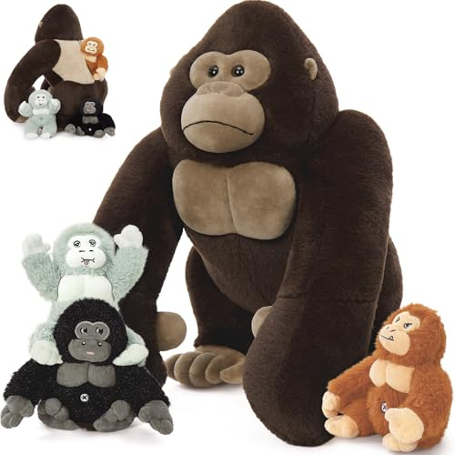 MorisMos 4 stücke Gorilla Plüschtier Set, 50cm groß Gorilla Kuscheltier XXL mit 3 Babys im Bauch, AFFE Stofftier Geburtstag Weihnachten Geschenk für Jungen Kinder