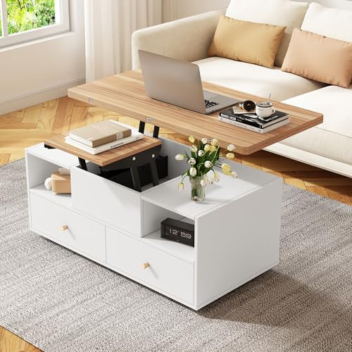 Mesa de centro ajustable con función plegable y 4 cajones, 100 x 50 x 47,5 cm, una mesa elevadora hidráulica grande y una pequeña, mesa de salón móvil con ruedas universales