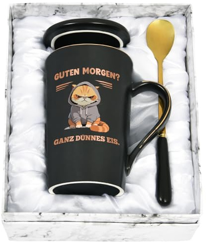 Joymaking Lustige Tasse Katze mit Spruch - Guten Morgen? Ganz dünnes Eis - Katzentasse Witz Geschenkidee für Verschlafen Morgenmuffel, 400ML Schwarz