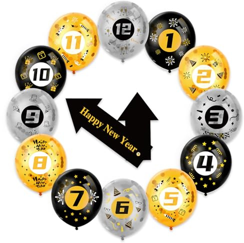 HOWAF New Years Eve Decorations 2027 Balloons, 1-12 Numbers Happy New Year Countdown Balloons with Confetti Inside, Wall Clock Countdown Games for NYE Party Decorations 2027, Black Gold