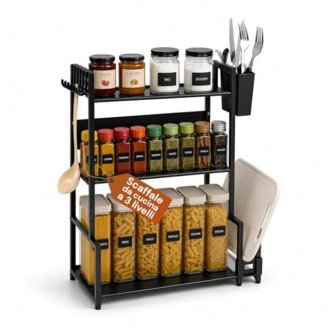 Avilia Scaffale 3 Ripiani Ferro con Ganci Porta Posate Porta Tagliere – Organizer Cucina Utensili Spezie Bottiglie Salvaspazio - Piano Cottura Dispensa