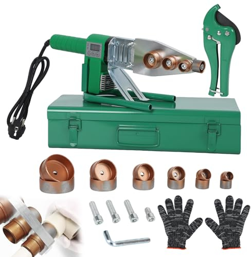 Soldadora de manguitos, 1500 W, para tubos de plástico, diámetro 20/25/32/40/50/63 mm, control de temperatura 0 – 300 °C, soldadora profesional para tubos con tijeras de tubo de 42 mm y 6 manguitos