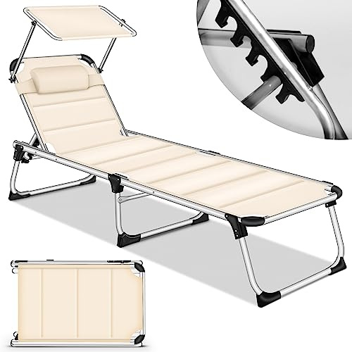 tillvex® Sonnenliege mit Dach und Kopfkissen | Gartenliege Liegestuhl klappbar | Strandliege mit Verstellbarer Rückenlehne | Aluminium Liege (Beige, Liege mit Polster Premium)