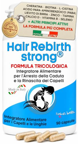 HAIR REBIRTH STRONG * 90 capsule * la Migliore Cura per i Capelli * Nuova Etichetta * Formula Tricologica: Cheratina Biotina Cistina Calcio D Vitamina B * Blocca la Caduta e fa Ricrescere i Capelli
