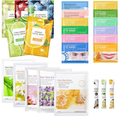 25 Piezas Kit de Mascarillas Faciales, con Mascarilla Labios y Parches Ojeras, Mascarillas de Barro, Mascarilla Facial Niña, Iluminador e Hidratante, para Todo Tipo de Piel
