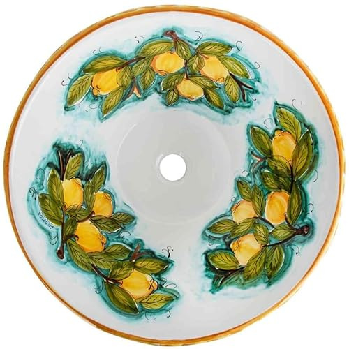Lavabo Siciliano Bagno in Stile Caltagirone Limoni Chiaro - Lavabo Rotondo, Lavabo in Ceramica Fatto a Mano Design Italiano | Lavello in Ceramica Italiana Ø45 cm