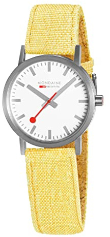 Mondaine Classic Schweizer Damen Armbanduhr mit veganem, gelbem Textil-Armband, typischer Bahnhofsuhr-Style, Durchmesser 30mm, Gehärtetes Mineralglas