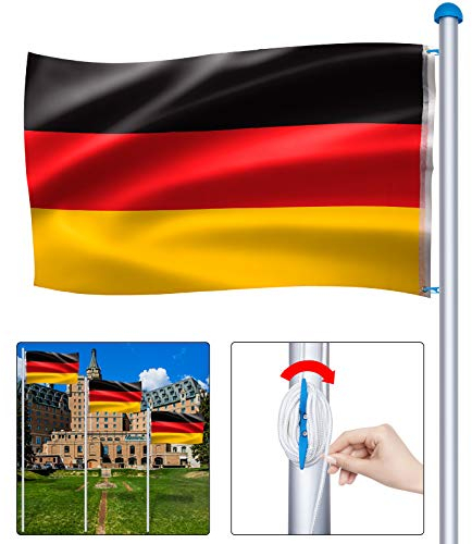 LARS360 Asta per bandiere in alluminio 6,5 m con bandiera della Germania + manicotto di fondo, corda di trazione, gancio di chiusura, cappuccio e estremità regolabile in altezza a 5 diverse altezze