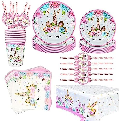 81 Stück Einhorn-Partygeschirr-Set für Kindergeburtstag - Geburtstagsdeko mit Teller, Becher und Servietten für 16 Gäste