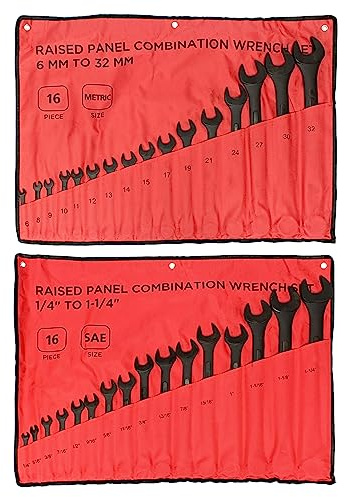 ABN Combination Wrenches Set Metric and Standard - 32 Piece SAE and Metric Wrench Set with Roll Up Pouch