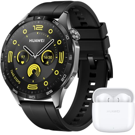 HUAWEI WATCH GT 4 46mm Smartwatch, Bis zu 2 Wochen Akkulaufzeit, Android und iOS, Kalorienmanagement, Professionelles Gesundheitsmanagement, SpO2, GPS, Deutsche Version, Schwarz + FreeBuds SE 2