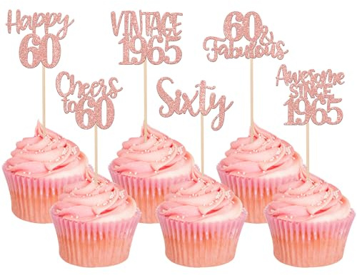 Xsstarmi 24 Pack Happy 60th Birthday Cupcake Toppers Glitter Sixty 60 Fabulous Vintage 1966 Cupcake Picks for Cheers to 60 Years 60th Birthday Wedding Anniversary Party Cake Decorations Rose Gold