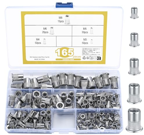 165 Pcs Rivet Nuts Set, Threaded Insert Nutsert, M3 M4 M5 M6 M8 Stainless Steel Flat Head Nutsert Rivnuts, Threaded Insert Blind Rivet Nuts Assortment Kit for Metal, Wood, Aluminium
