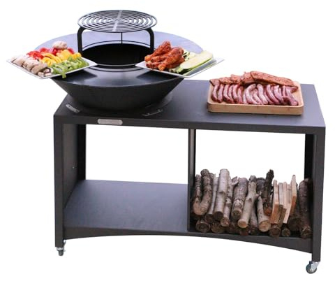 Mon Mobilier Design Island Brasero îlot avec Plaque et Grille Amovible en Acier Barbecue plancha extérieur Ø 100 cm