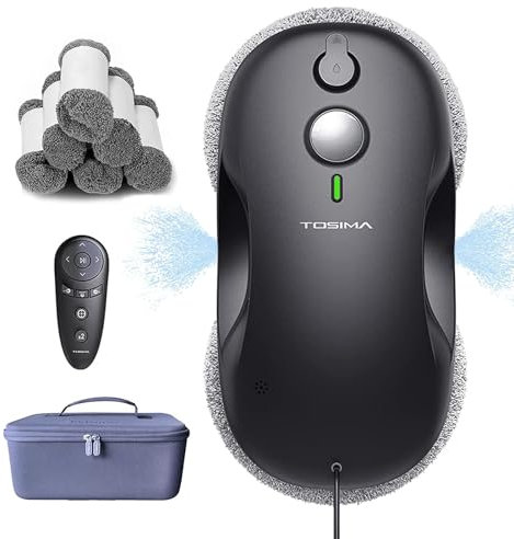 Tosima W3 Robot Lavavetri Finestre, Lavavetri Elettrico con Spruzzo Bidirezionale, Aspirazione Intelligente 3800PA, Triplo Sistema Sicurezza e Telecomando, per Vetri e Superfici Lisce, con 12 Panni