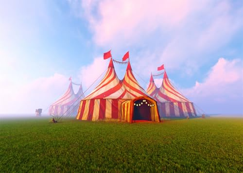 CORFOTO 1.8x1.2m Fond de Tente de Cirque Fond de Photographie de Cirque de Prairie Verte Fond de Carnaval de Cirque Fond de chapiteau de Tente Rouge décorations de fête à thème de Carnaval