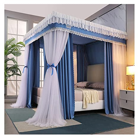 RDWQDGJG Blaues Betthimmel-Moskitonetz für Einzel- und Doppelbett, Prinzessinnenzimmer, romantische Schlafzimmerdekoration, 4 Eckpfostenbettvorhänge (einfarbig 180 x 220 x 200 cm) (einfarbig 200 x 22
