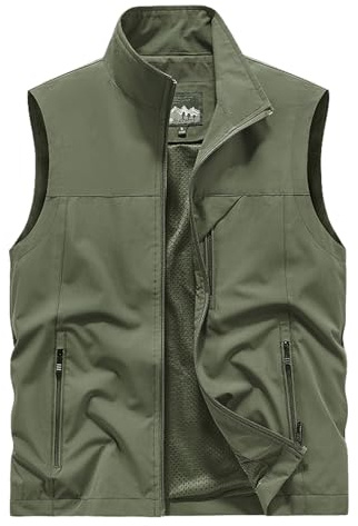 Sukany Chaleco utilitario informal para hombre, ligero, de secado rápido, estilo militar, sin mangas, para fotografía, tiro, caza, camping, exteriores, viajes, con bolsillos, Ejercito Verde, L