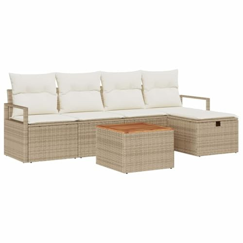 vidaXL Garten-Sofa-Set mit Kissen mit Speicher 6 pcs Beige Poly Rattan, Garten- und Terrassenmöbel, modulare Sitzgelegenheiten, UV-beständige Materialien, langlebiges Rattansofa-Set
