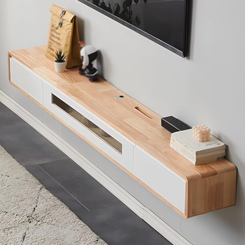 Ahtadums Massivholz TV Lowboard Hängend, TV Schrank hängend mit 2 Schubladen TV Board hängend, Mit Glastürfüllung, komplett montiert (Log+weiß, 160cm)