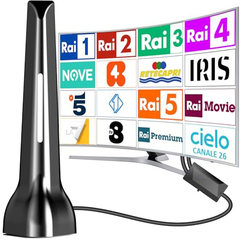 Antenna TV da Interna, Antenna TV Interna Amplificata con Potente Ricezione 360° fino a 600 km, Base Magnetica, Supporto HD/4K/1080P, DVB-T/DVB-T2, Installazione Molto Semplice