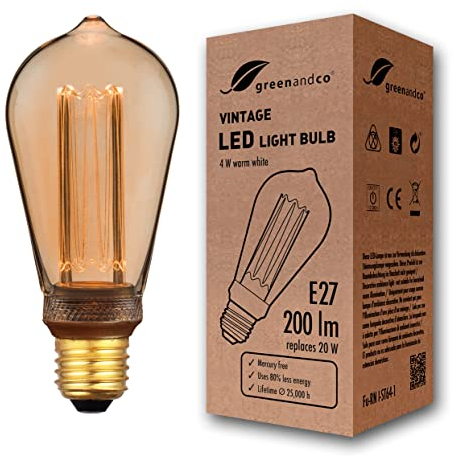 greenandco LED Vintage Glühbirne zur Stimmungsbeleuchtung | E27 ST64 | gold | 4W 200lm | 1800K extra warmweiß | 320° | 230V | flimmerfrei | nicht dimmbar | Edison Glühbirne