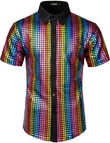 JOGAL Herren Pailletten Kleid Shirt 70er Disco Party Kustüm Large Mehrfarbig