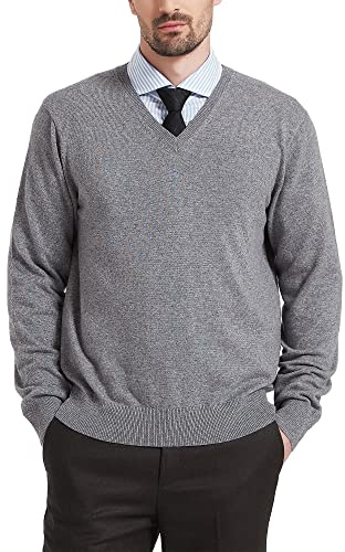 Kallspin Men's Wool Blend V-Neck Sweater Relax Fit Knit Pullover (Light Grey, Large)