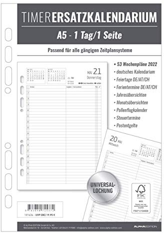 Timer Ersatzkalendarium A5 2022 - Bürokalender - Buchkalender A5 (15x21 cm) - Universallochung - 1 Tag 1 Seite - 352 Seiten - Alpha Edition: ... A5 - Universallochung - 1 Tag 1 Seite