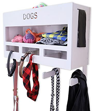 INEXTERIOR Hundegarderobe XXL - aus Holz - Handgefertigt in Deutschland - Mit großer Ablage und Kotbeutelspender - Garderobe für Hundeleinen (Grau)