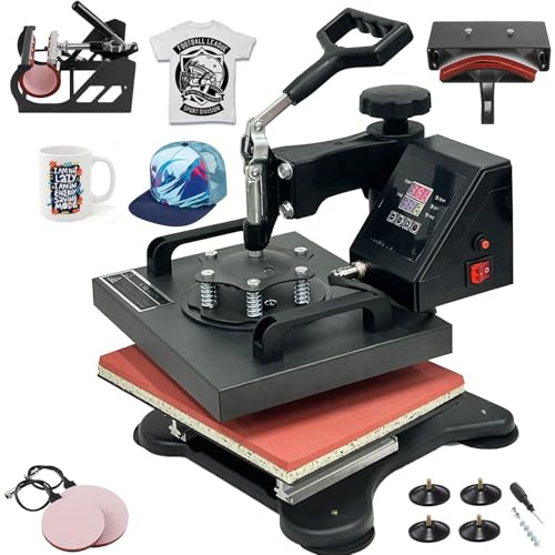 30x25cm 5IN1 Heat Press machine Transferpresse Hitzepresse Heißpresse Maschine 360 Grad Drehung Mulitifunktional Textilpresse für T-Shirts Becher Platten Kappe