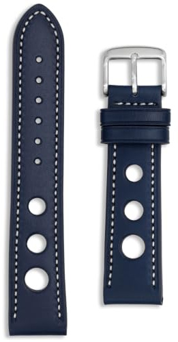 Buckle & Stitch Rallye-Uhrenarmband aus hochwertigem Leder, perforiertes Vintage-Rennband, 18 mm, 20 mm, 22 mm, 24 mm, Schwarz, Marineblau, Braun, Hellbraun, Weiß Vollnarbenfarben, für Herren und