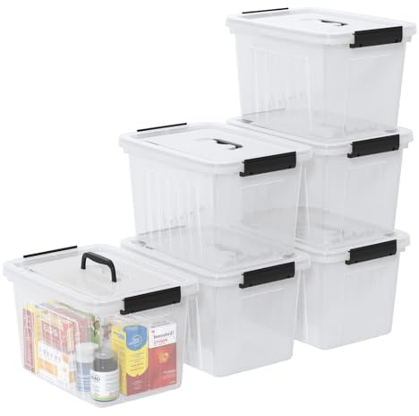 Saedy 6 Packs Clear Plastic Storage Boxes with Lids and Handles 12 Litres