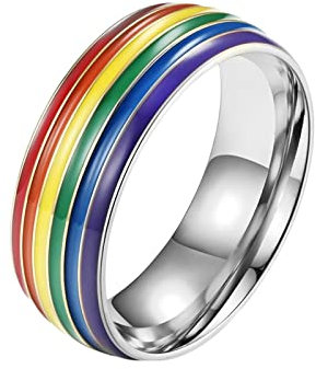 KnBoB 8MM Ring Schmuck Herren, Silber Gayer Regenbogen Ring Edelstahl Modeschmuck Ringe für Herren Größe 62 (19.7)