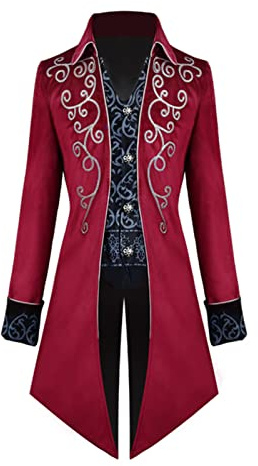 KGIHPC Men's Steampunk Vintage Tailcoat Jacket Medieval Gothic Victorian Frock Uniform Halloween Costume (UK, Alpha, XXL, Regular, Regular, Red)