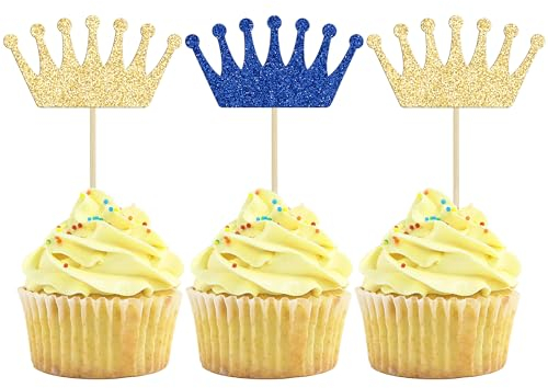 Gyufise 24Pcs Crown Cupcake Toppers Glitter Queen Crown Cupcake Picks for Queen Princess Theme Baby Shower Girls Wedding Birthday Party Cake Decorations Supplies Gold Blue