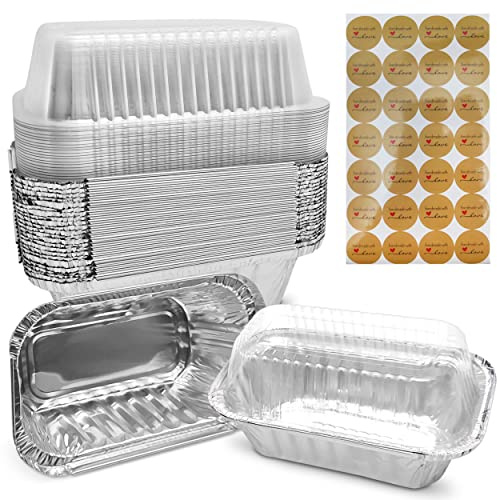 Mwnxia Disposable Mini Aluminum Loaf Pans with Lids & “Handmade with Love” Stickers, 6″ × 3.5″ × 2″, Pack of 25 Perfect for Baking Holiday Baked Bread Mini Cakes, Meatloaf, Banana Bread