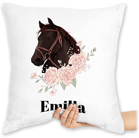 Kissen 40x40 Zierkissen - Pferd Pferde - Wunschname Pferdekopf - 40 x 40 cm - Weiß - pferdekissen Name Reiter und Cushion kopfkissen mädchen pferdeliebhaber pferdemotiv reiterzubehör REIT