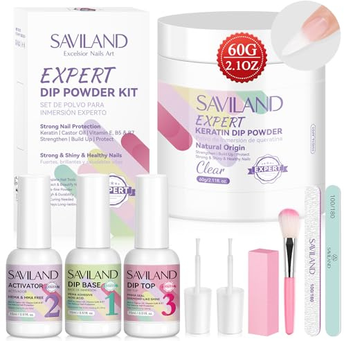 SAVILAND Clear Dip Powder Nail Kit Starter: 60g 2.1oz Dip Powder for Nails with Dipping Powder Liquid Set Dip Base Activator and Top Coat Professional Dip Nail Kit Repair for French Manicure Nail Art