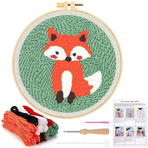 JSRQT Punch Needle Set Anfänger Punch Needle Sticken Kinder Stanznadel Stickerei Starter Kit Debutant Embroidery Starter Kit Broderie mit Instruction Stanznadelstoff Muster Erwachsene Fuchs