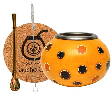 Gaucho Cebar Set für Yerba Mate Tee mit Natürlichem Kalebassen Ibanez | Kürbis Tasse und Edelstahl Trinkhalm Bombilla | Straw for Yerba Mate Tea | Bürste und korkpad, Orange